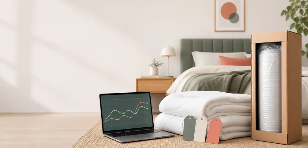 A boxed mattress, bedding, and a laptop displaying price lines